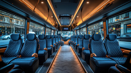 Luxurious, modern bus interior with blue seats and ambient lighting.