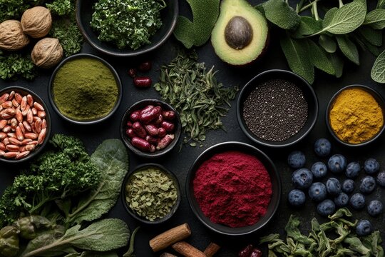 An array of herbs and spices in bowls arranged on a black background, suggesting healthy eating.