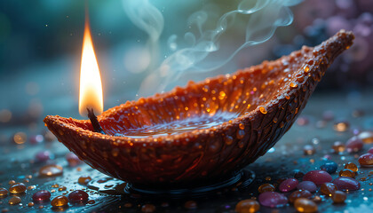 Karthigai Deepam, Illuminated Clay Diya Oil Lamp Diwali Festival Light Peace Serenity, Ai generated images