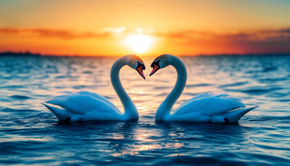 Fototapeta premium Two swans forming a heart shape at sunset on a tranquil lake.