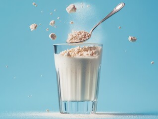 Glass of milk with a spoonful of powder in it. The powder is flying out of the glass, creating a sense of motion and energy. The scene is dynamic and visually interesting