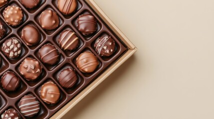 Obraz premium Box with delicious chocolate candies on beige background top view