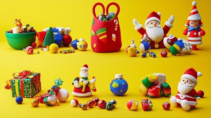 Obraz premium Colorful Christmas Decorations and Festive Elements on Yellow Background