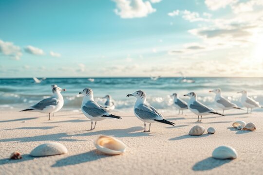 Flock of seagulls resting on a sandy beach, scattered shells and ocean breeze creating a serene scene