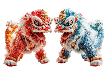 Vibrant 3D Lion and Dragon Dance Performers Leaping and Twirling Against Pristine White Backdrop