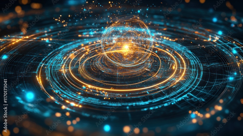 Poster a digital representation of energy and motion with glowing particles and circular patterns.