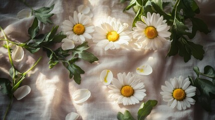 Obraz premium Fresh daisy bouquet laid on a linen cloth, surrounded by petals and greenery in soft, natural light