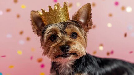 Small dog (Yorkshire terrier) with cute expression wearing gold crown Confetti on pink background Birthday new year party holidays anniversary daddy day concept Copy space