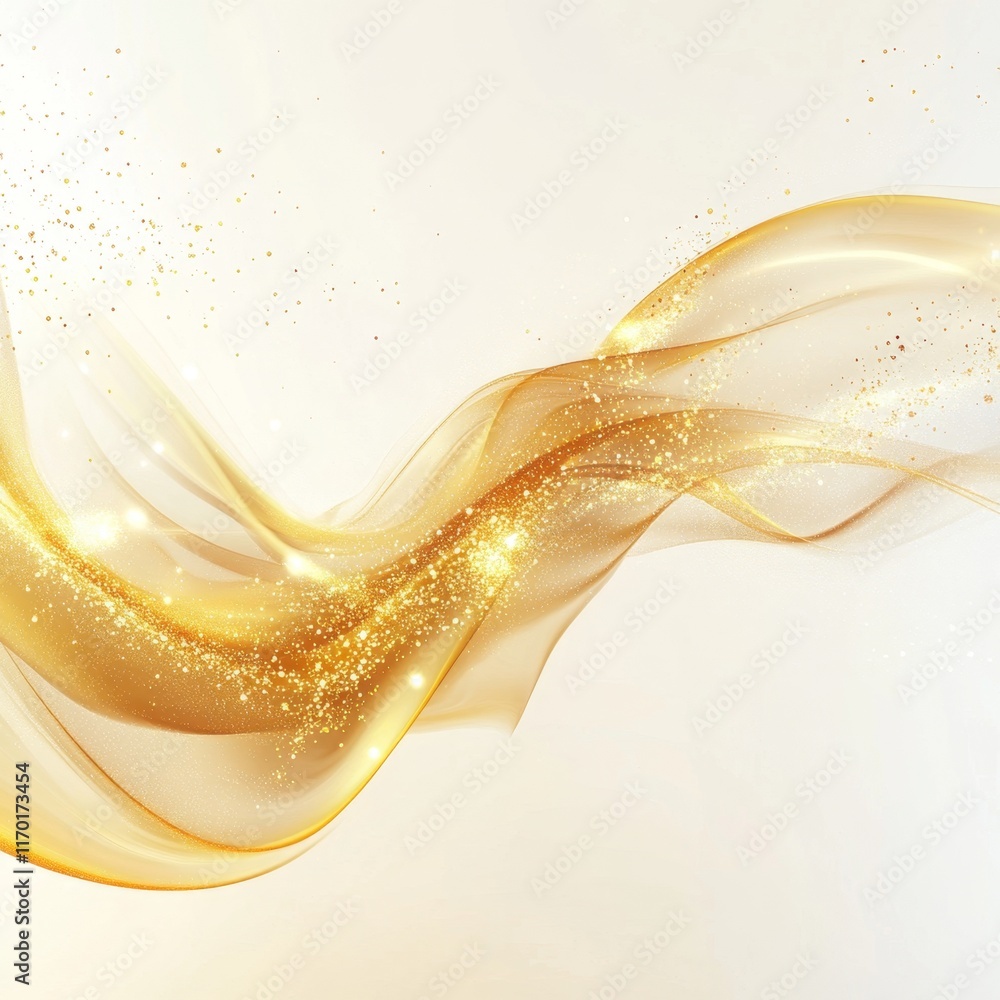 Poster Ethereal Golden Wave Design Emanating Light Particles on White Background with Copy Space for Text Banner.
