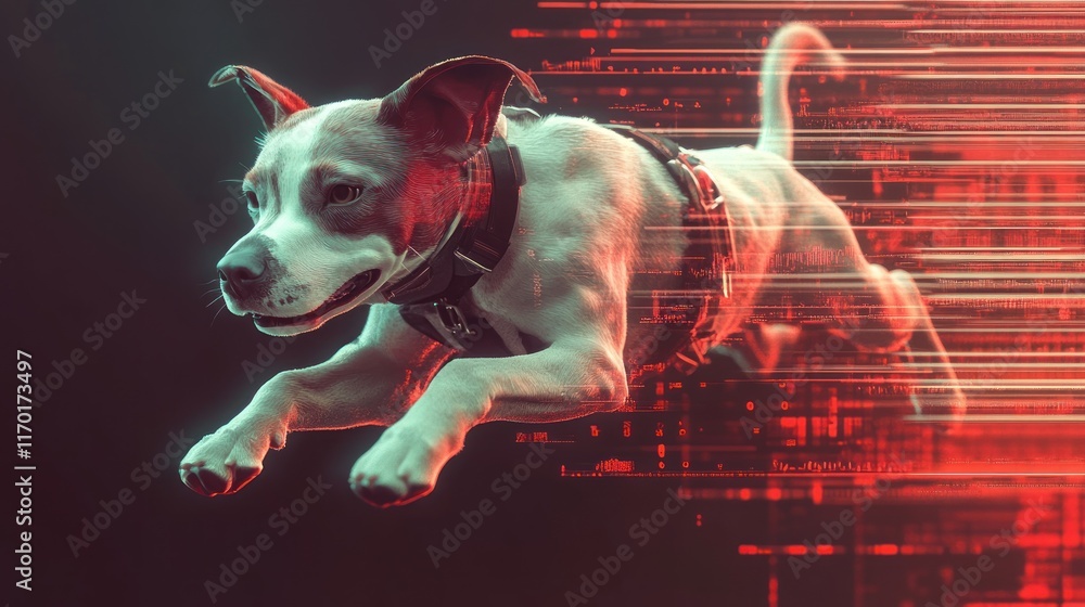 Aufkleber a digitally enhanced image of a dog leaping through a vibrant, abstract background.
