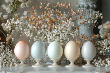 Pastel-themed Easter egg on the background of spring herbs.