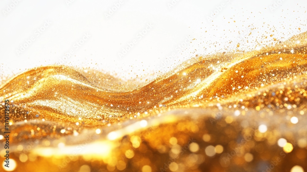 Poster elegantly golden wave abstract design with shimmering particles on white background for customizable