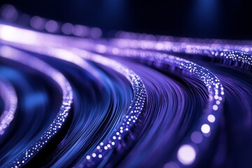 Abstract purple glowing fiber optic cables curves.
