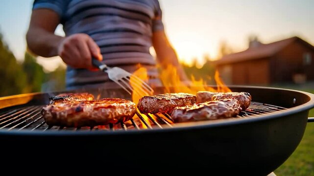 A close-up of grilling burgers with flames, evoking a summer barbecue experience.