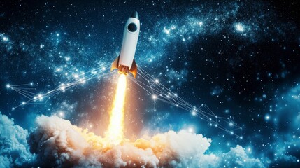 Fototapeta premium Entrepreneurship launch rocket start flying up and network line connection the Startup concept plan development business project digital technology idea of leadership strategy Startup growth