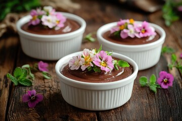 Three white bowls with chocolate pudding and flowers on top. The bowls are arranged on a wooden table