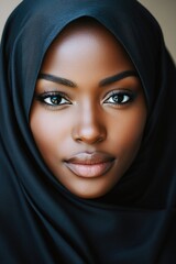 Naklejka premium Woman with a black scarf on her head. She has brown eyes and a nice smile