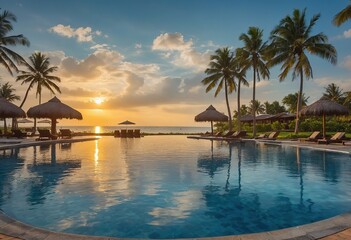 With magnificent coconut palm trees standing in the early morning, the resort's beautiful outdoor pool is surrounded by an opulent umbrella and chair arrangement.
