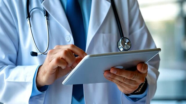 A doctor in a lab coat using a tablet to manage patient information efficiently.