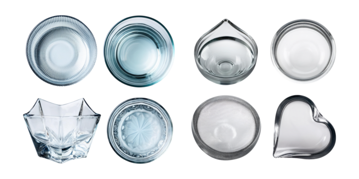 Variety of Transparent Glass Bowls on Background