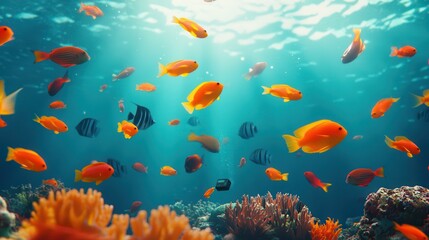 Fototapeta premium Environmental science drives research for preservation. Vibrant underwater scene filled with colorful tropical fish.