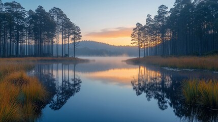 Obraz premium Serene sunrise over tranquil lake and pine trees