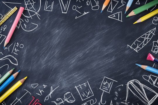 Colorful pencils frame empty blackboard with chalk drawings.
