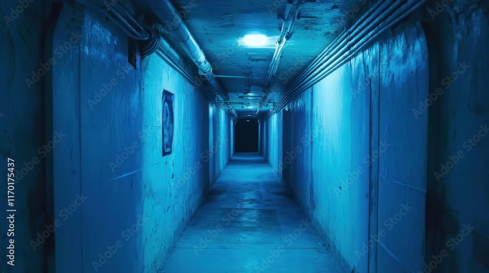 Poster a dimly lit corridor with blue lighting and peeling walls, creating a mysterious atmosphere.