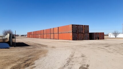 Heavy machinery stacking containers in a shipping yard with a clear blue sky