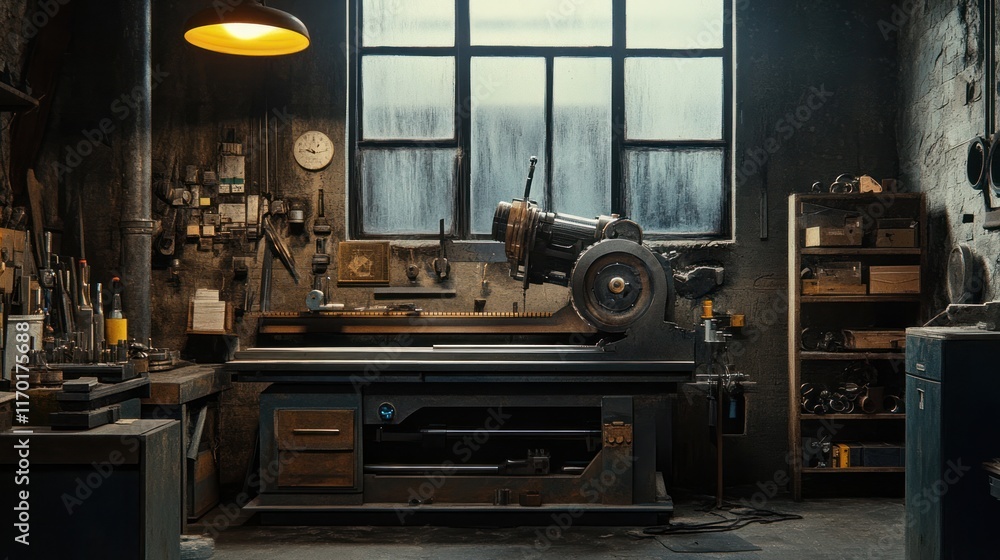 Poster a dimly lit workshop featuring a lathe and various tools for metalworking.