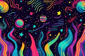 Obraz premium Vibrant cosmic abstract art with planets, stars, and swirling nebulae.