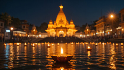 Fototapeta premium Karthigai Deepam, Illuminated Floating Candles at Night Temple Festival, Ai generated images