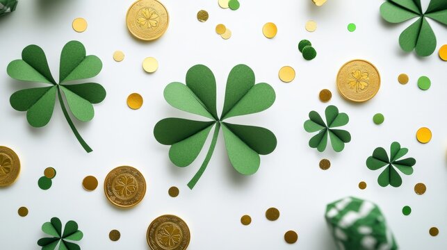 St Patricks Day background with four leaf paper clover confetti gold coins on white table Top view Flat lay