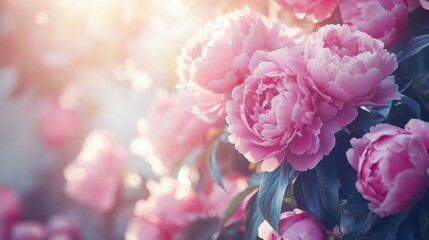 Obraz premium Beautiful Soft Pink Peonies Blooming in a Garden with Gentle Sunlight and Dreamy Bokeh Background, Perfect for Floral Decor and Nature Photography