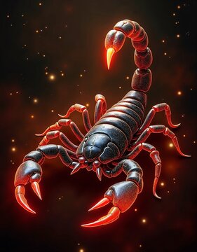 A fierce, glowing black scorpion with sharp red and orange stingers, set against a dark, mysterious background of deep red and black swirls. Tiny sparks of gold twinkle in the air.
