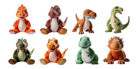 Colorful Plush Dinosaurs on Transparent Background