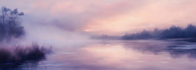 Obraz premium A peaceful lake at sunrise, with soft mist rising from the water and the sky painted in pastel hues of pink and purple