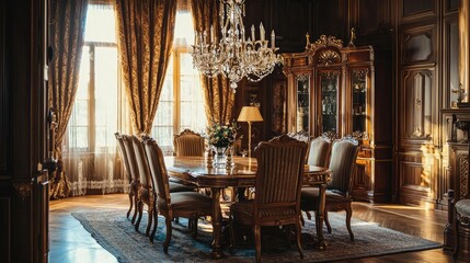 Fototapeta premium Elegant Vintage Dining Room with Crystal Chandelier in Soft Light