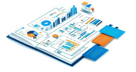 Isometric view of open book with various charts and graphs. - Powered by Adobe