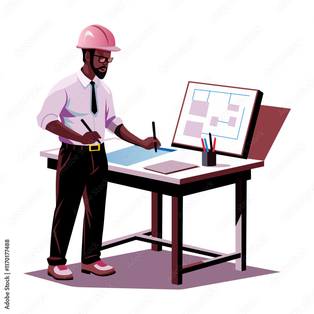 Canvas Prints a flat illustration of an engineer draw a map on system