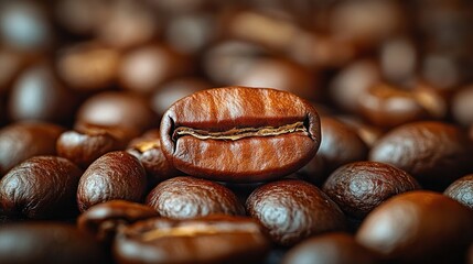 Close-up of a single roasted coffee bean resting on a bed of others.