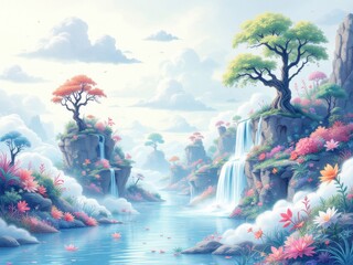 Whimsical landscape illustration with waterfalls and trees, creating a serene and peaceful scene, ideal for nature, fantasy or tranquil designs.