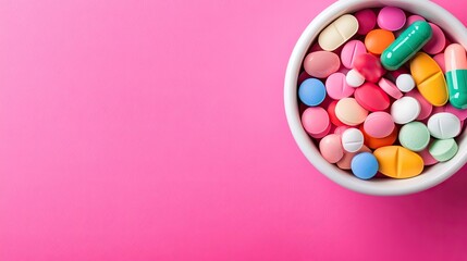 Obraz premium Colorful tablets on pink background, healthcare concept