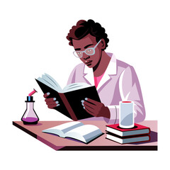 A flat illustration of a student studying a book 

