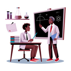 A flat illustration of a physics teacher giving lecture to student 
