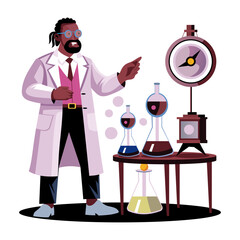 A flat illustration of a character doing chemical study in a laboratory 
