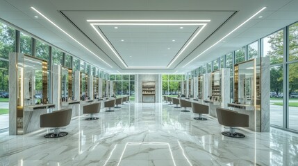 Modern salon interior with elegant design and lighting.