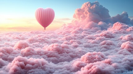 Fototapeta premium A Dreamy Hot Air Balloon in the Shape of a Heart Floating Above a Serene Sea of Pink Clouds at Sunrise, Creating a Romantic and Whimsical Atmosphere
