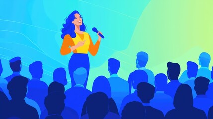 Woman Singing on Stage With Colorful Background in Front of Audience