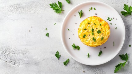 A clean composition of a keto egg and cheese muffin on a white plate with ample negative space.